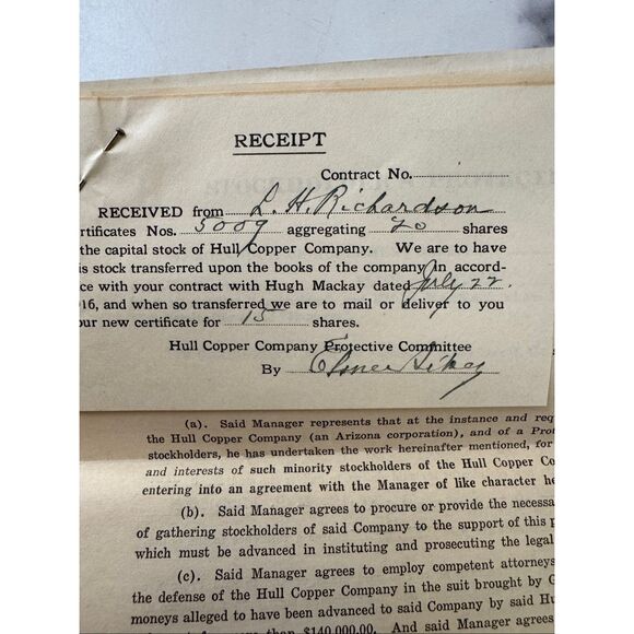 1909 & 1916 Hull Copper Co. Arizona Mining Stock Ephemera – Jerome AZ History - Picture 2 of 10